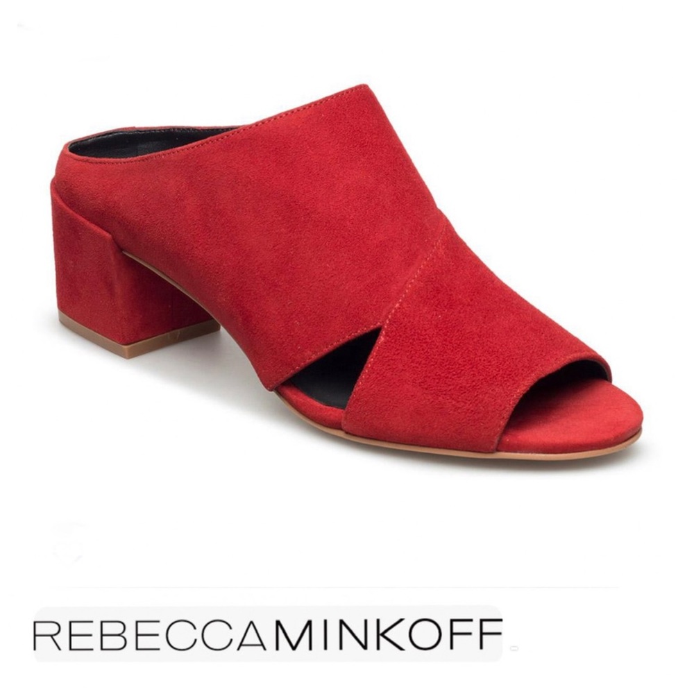 REBECCA MINKOFF Ingrid Red Suede Open Toe Slip On Heels Sandals Mules Sz 8 M